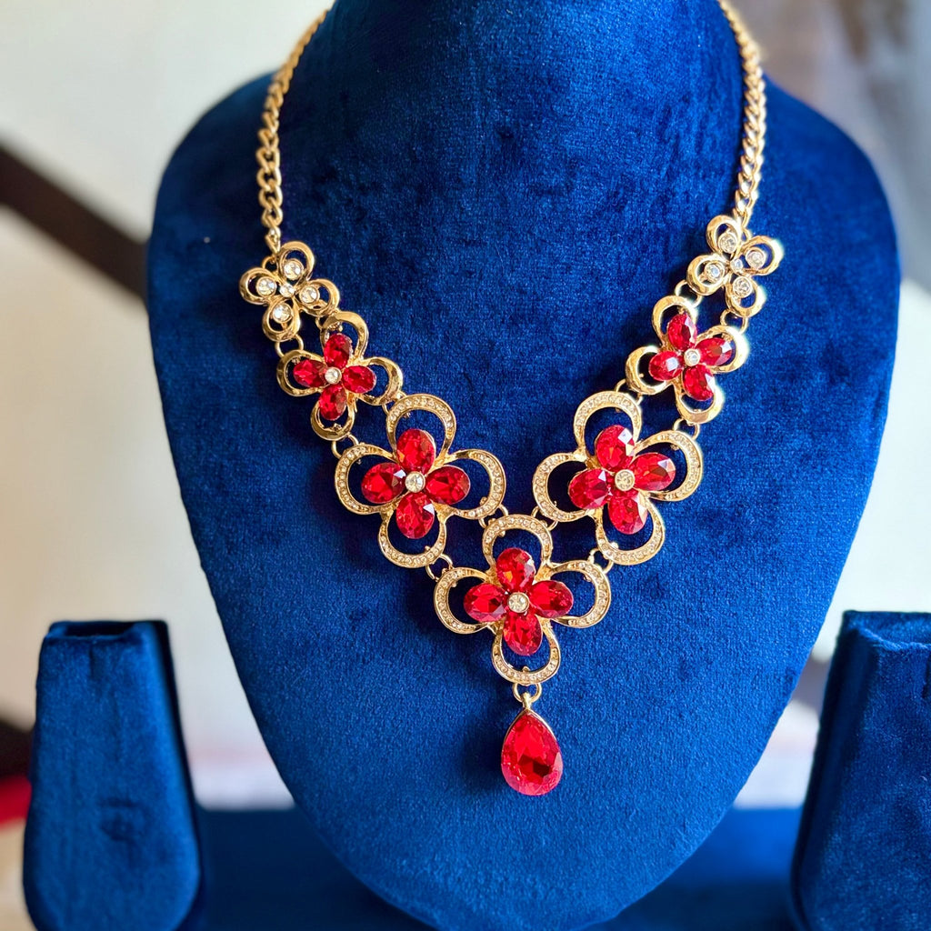 Red Chunky Floral Pattern Bold Brass Statement Necklace Party Wear Neck Piece - RYZZ