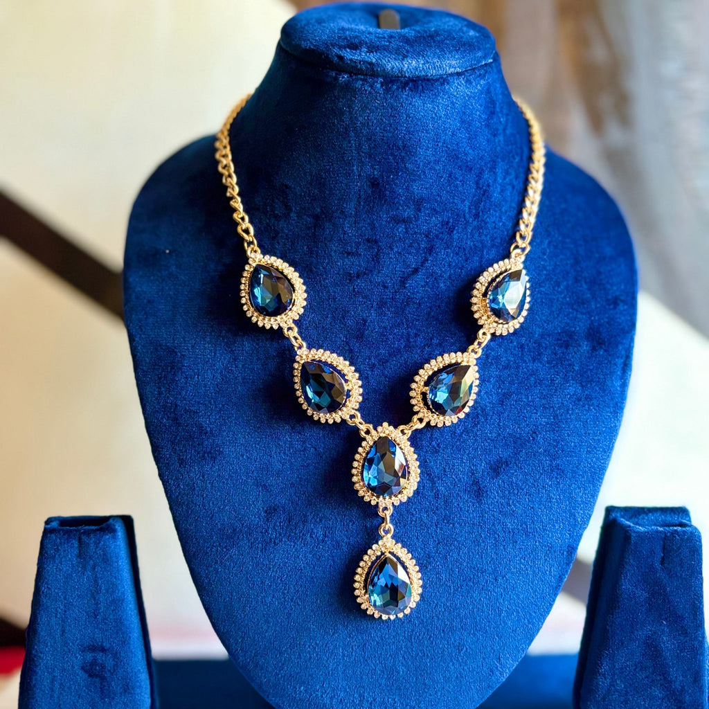 Blue Lariat Design Gold Tone Statement Necklace in Brass Tear Drop Shaped Glass Crystals - RYZZ