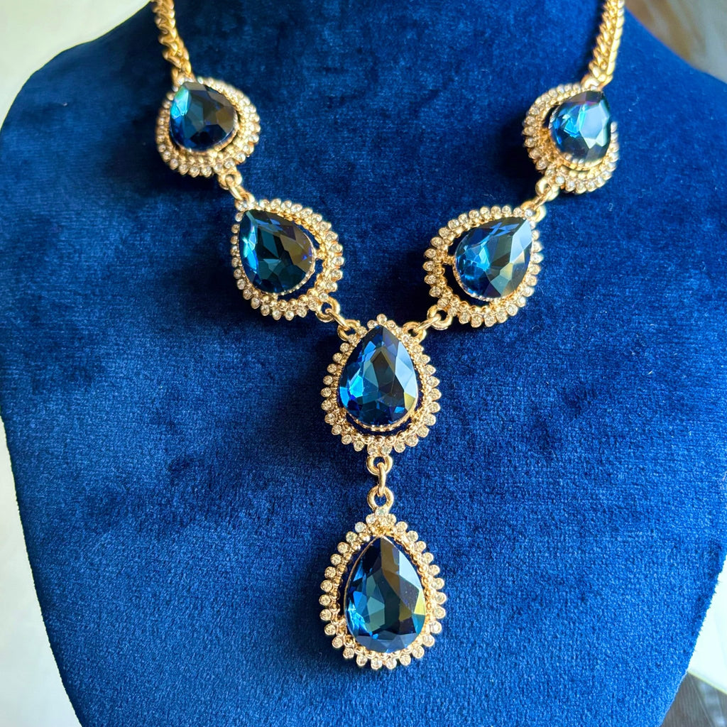 Blue Lariat Design Gold Tone Statement Necklace in Brass Tear Drop Shaped Glass Crystals - RYZZ