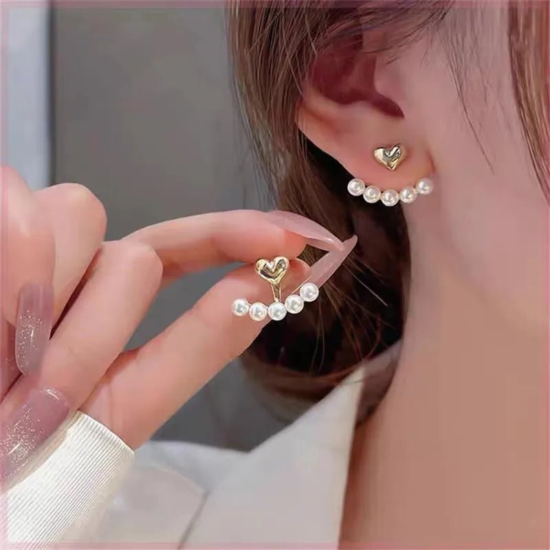 Gold Plated Heart Shaped Unique Korean Design Dainty Earrings with Pearl - RYZZ