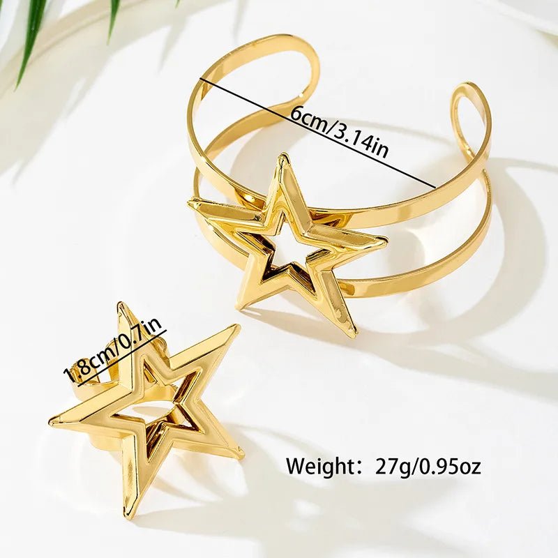 Vintage Geometric Hollow Star Alloy Open Bracelet Ring Set For Women Gold - Plated Jewelry Accessories - RYZZ