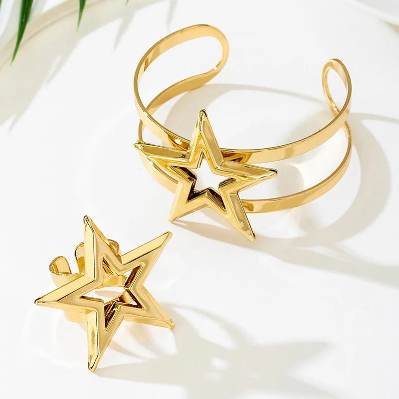 Vintage Geometric Hollow Star Alloy Open Bracelet Ring Set For Women Gold - Plated Jewelry Accessories - RYZZ