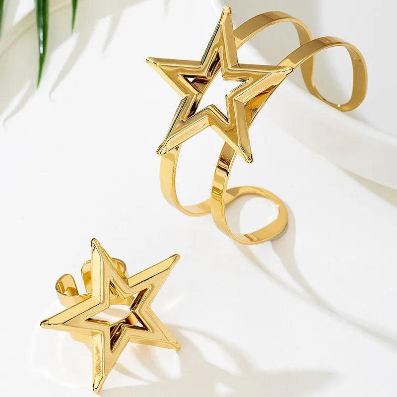Vintage Geometric Hollow Star Alloy Open Bracelet Ring Set For Women Gold - Plated Jewelry Accessories - RYZZ