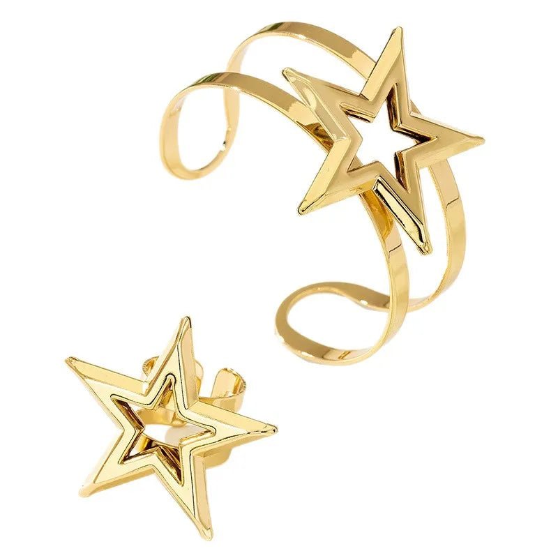 Vintage Geometric Hollow Star Alloy Open Bracelet Ring Set For Women Gold - Plated Jewelry Accessories - RYZZ