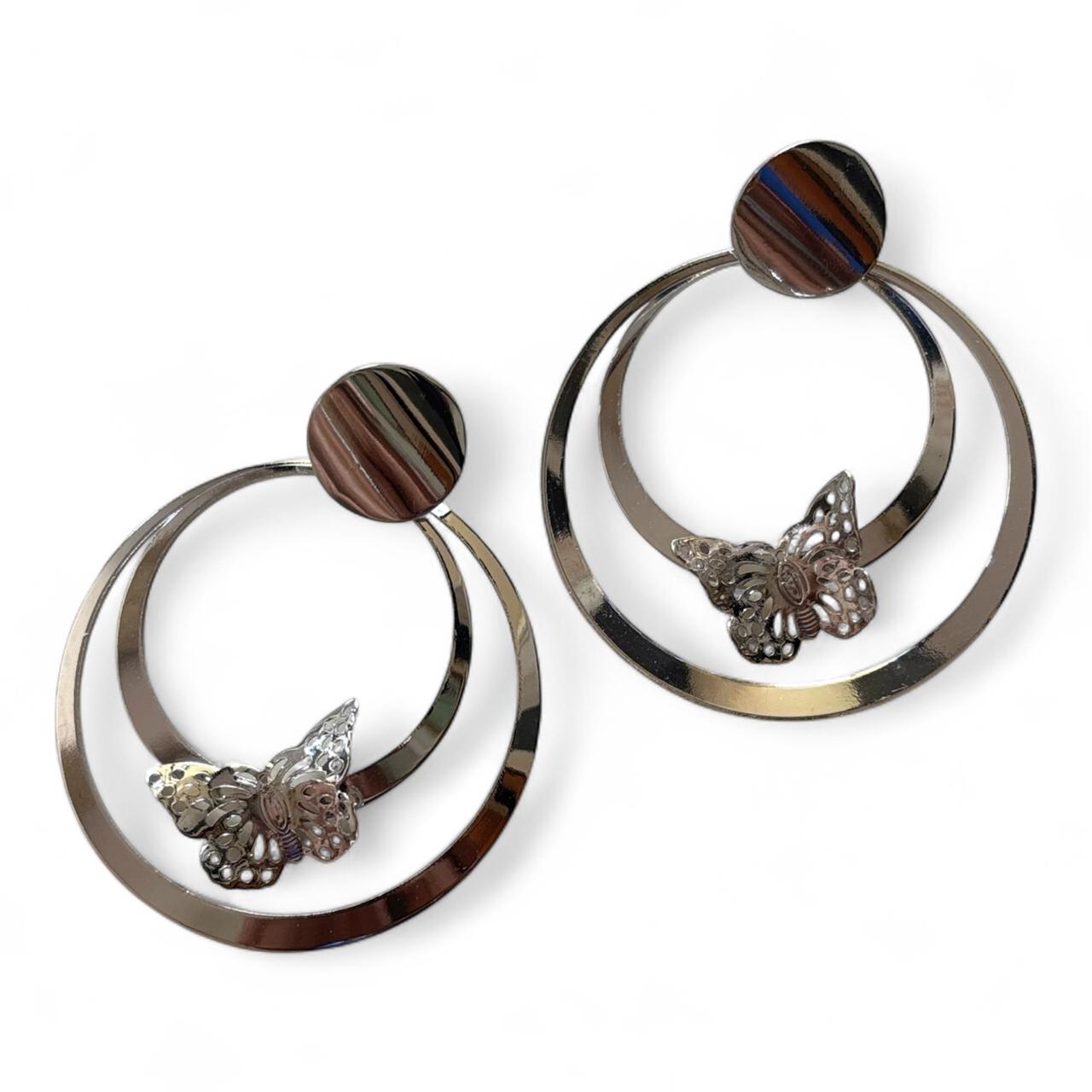 Butterfly Accent Alloy Earrings Circular Korean Design in Silver Tone - RYZZ