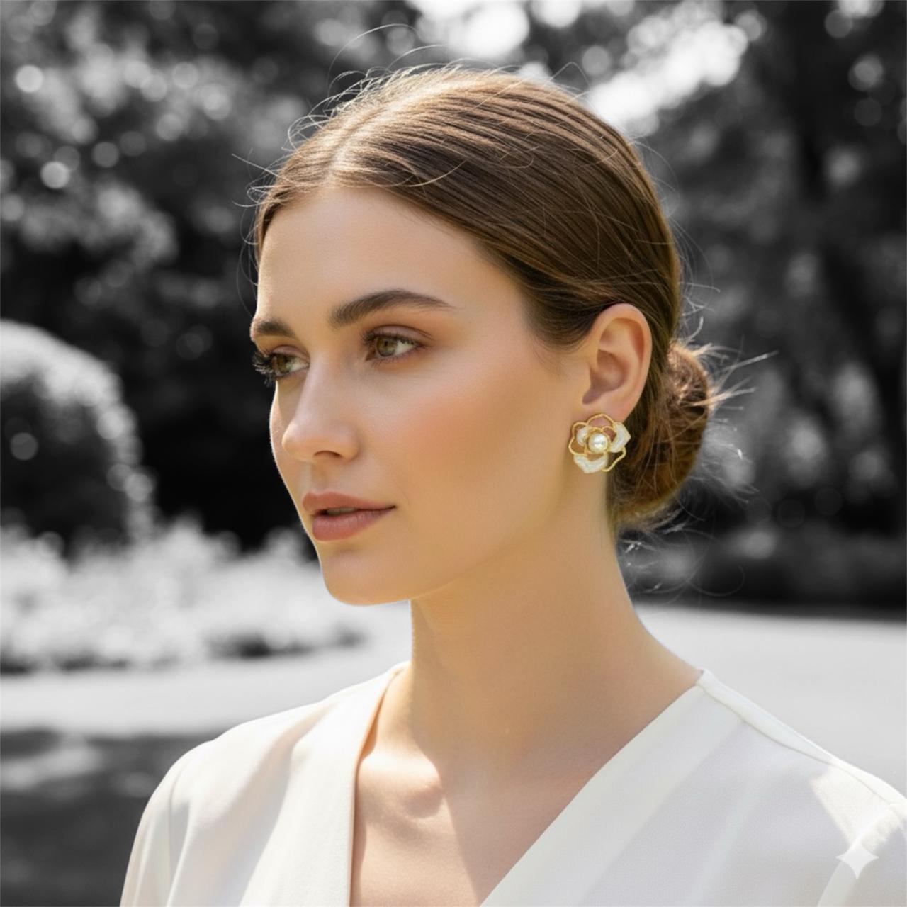 Graceful Bloom Pearl & Enamel Flower Stud Earrings in Gold Tone - RYZZ