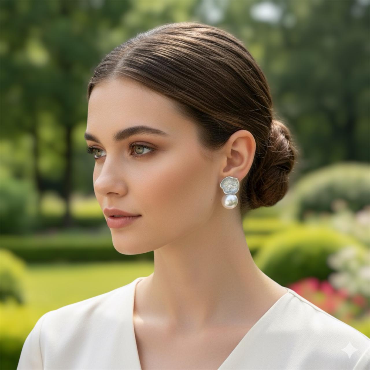 Artisan White Floral Pearl Stud Earrings - Silver Accented - RYZZ