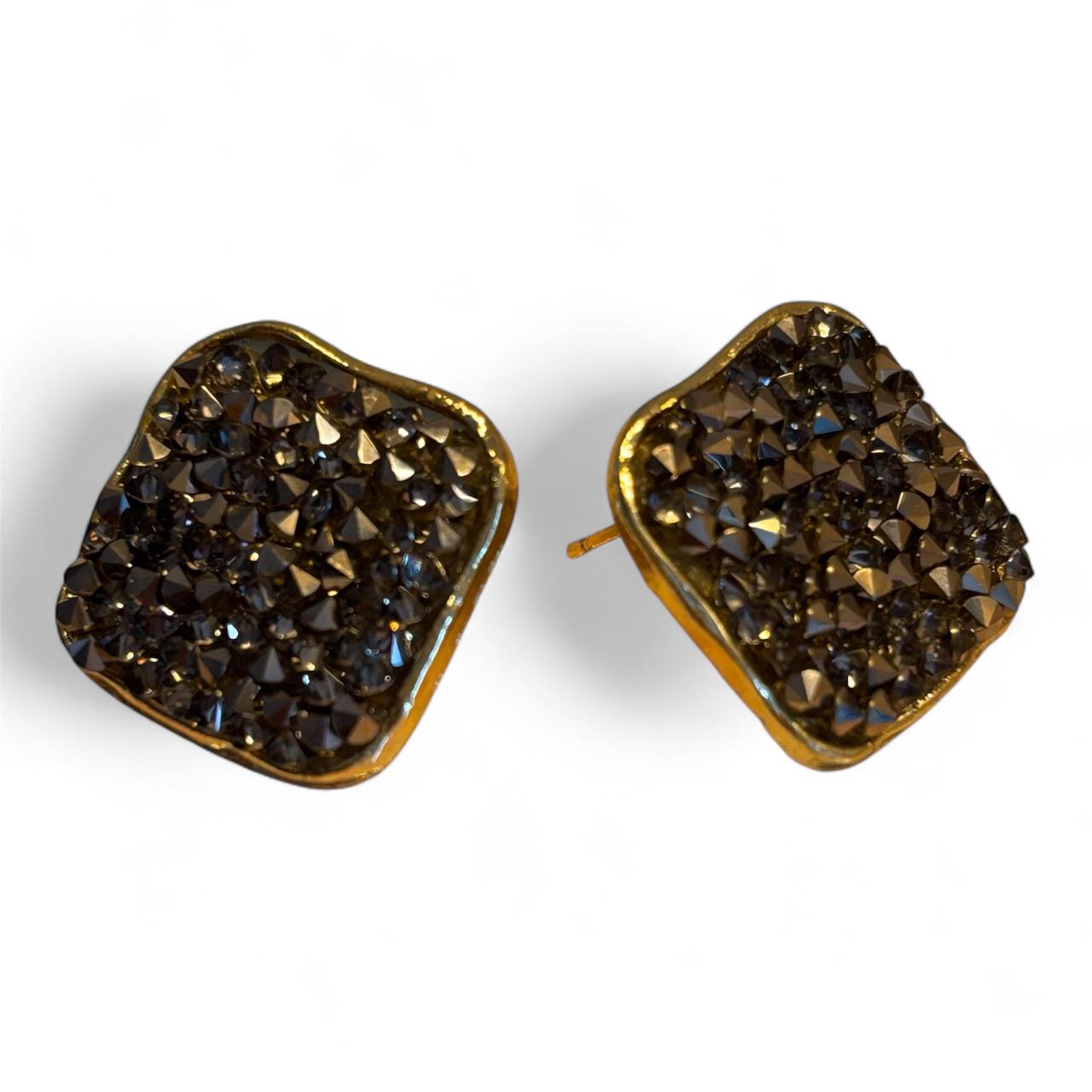 Square shaped gold finish with chunky stone texture stud earrings - RYZZ