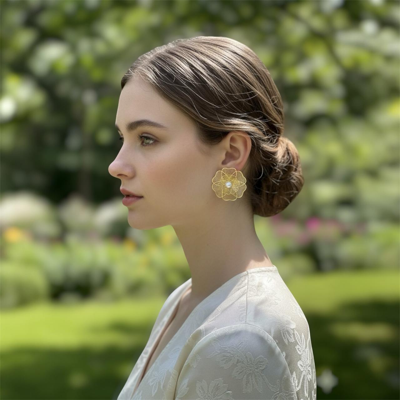 Floral design chunky metal earrings with pearl drop | Korean statement design stud earrings - RYZZ