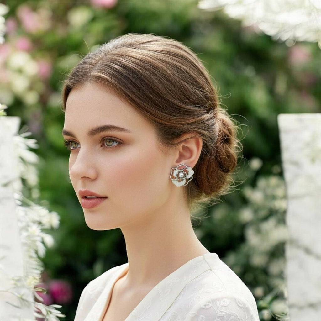 Graceful Bloom Pearl & Enamel Flower Stud Earrings in Silver Finish - RYZZ