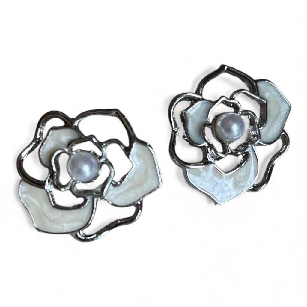 Graceful Bloom Pearl & Enamel Flower Stud Earrings in Silver Finish - RYZZ