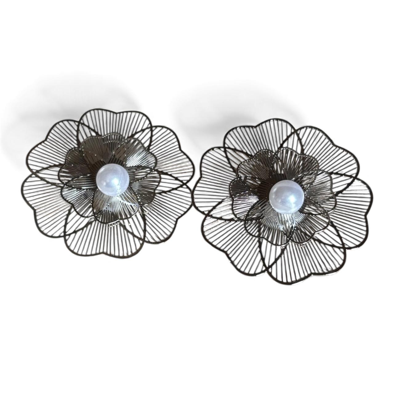 Floral design chunky metal earrings with pearl drop | Korean statement design stud earrings - RYZZ