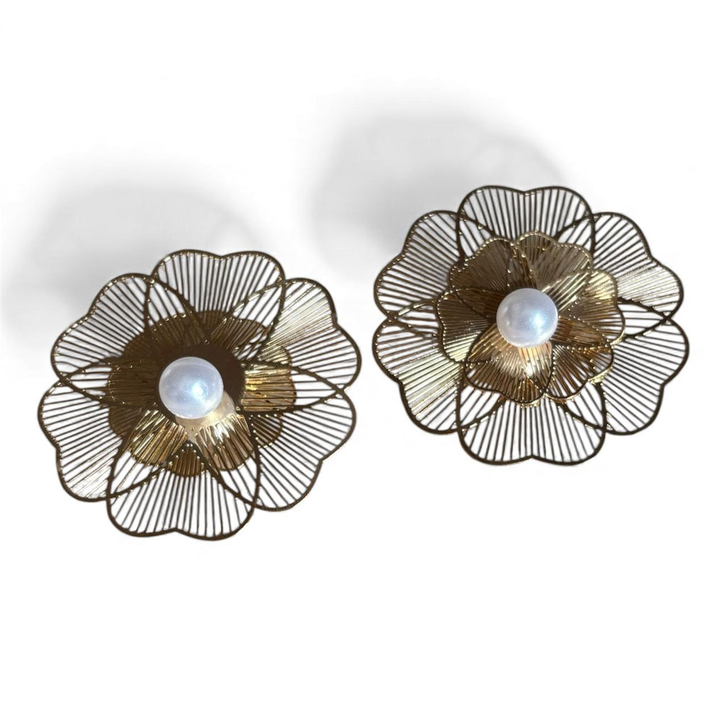 Floral design chunky metal earrings with pearl drop | Korean statement design stud earrings - RYZZ