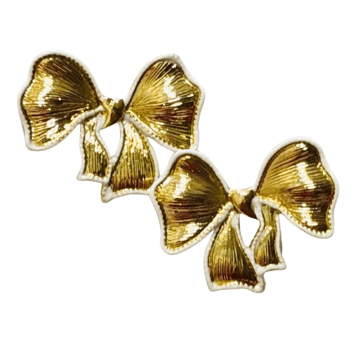 High Grade Alloy Bow Stud Earrings, Gold Plated with White Outline, 2 Piece Set - RYZZ
