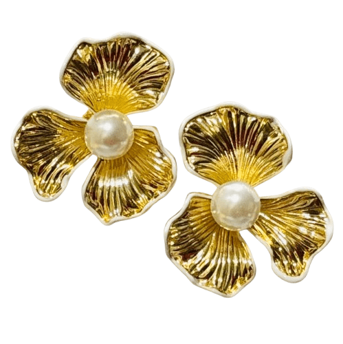 Gold Plated Flower Design Stud Earrings with Pearl, White Outlined - RYZZ