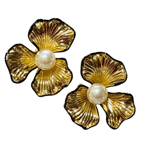 Black Outlined Gold Plated Flower Design Stud Earrings with Pearl - RYZZ