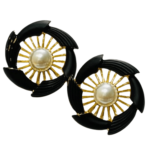 Black Floral Design Stud Earrings in Gold Plating with Pearl Center - RYZZ