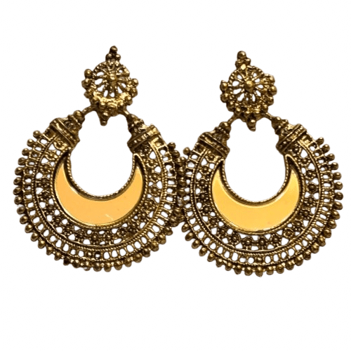 A pair of gold-toned traditional hoop earrings with intricate filigree tops and beaded borders - RYZZ