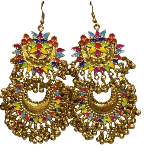 Gold-toned traditional colorful designer earrings with enamel inlay jhumkas - RYZZ