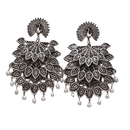 Silver Toned Navratri Intricate Filigree Peacock Pearl Designer Jhumka Earrings - RYZZ