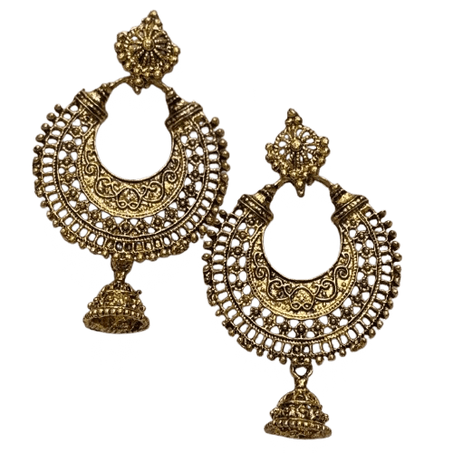 A pair of gold-toned traditional hoop earrings with intricate filigree tops and beaded borders - RYZZ