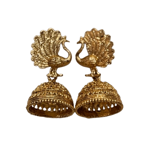 Gold-toned traditional peacock design earrings with intricate filigree tops jhumkas - RYZZ