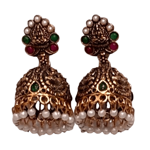 Gold-toned traditional design earrings with intricate filigree tops jhumkas - RYZZ