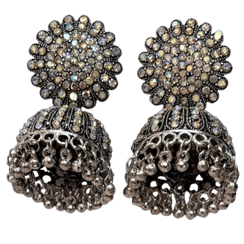 Radiant Crystal-Studded Oxidized Jhumka Earrings - RYZZ