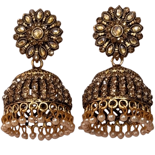 Regal Antique Gold Crystal Jhumka Earrings for Navratri - RYZZ