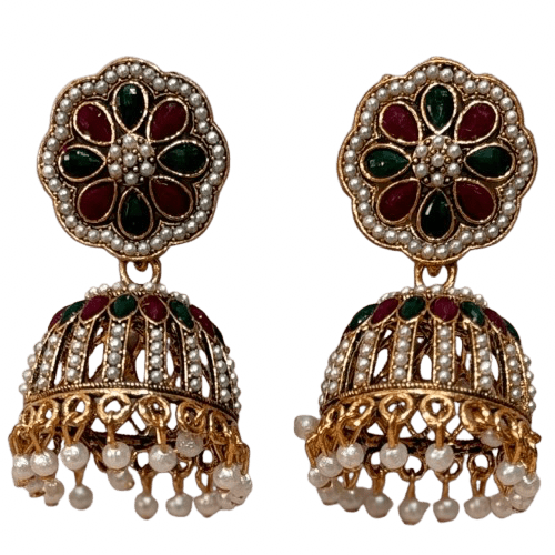 Gold-toned traditional design earrings with intricate pearl and stone work Jhumkas - RYZZ