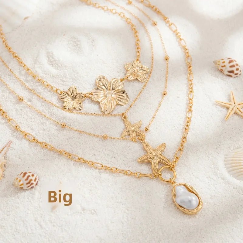 Women's Beach Vacation Floral Starfish Necklace Set 4 - Piece Layered Jewelry Alloy Shell Pendant Casual Zinc Alloy - RYZZ