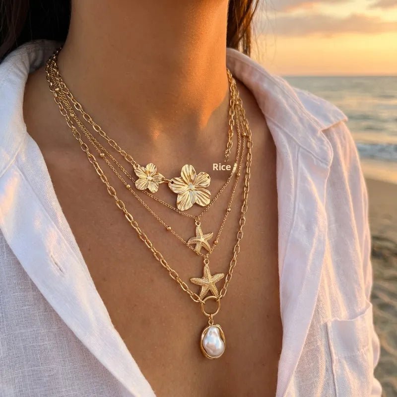Women's Beach Vacation Floral Starfish Necklace Set 4 - Piece Layered Jewelry Alloy Shell Pendant Casual Zinc Alloy - RYZZ