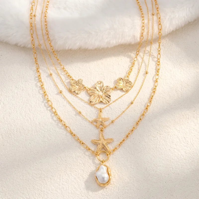 Women's Beach Vacation Floral Starfish Necklace Set 4 - Piece Layered Jewelry Alloy Shell Pendant Casual Zinc Alloy - RYZZ