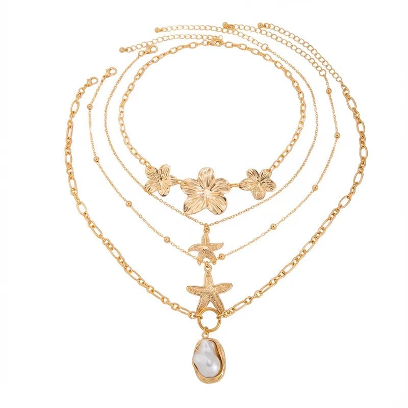 Women's Beach Vacation Floral Starfish Necklace Set 4 - Piece Layered Jewelry Alloy Shell Pendant Casual Zinc Alloy - RYZZ