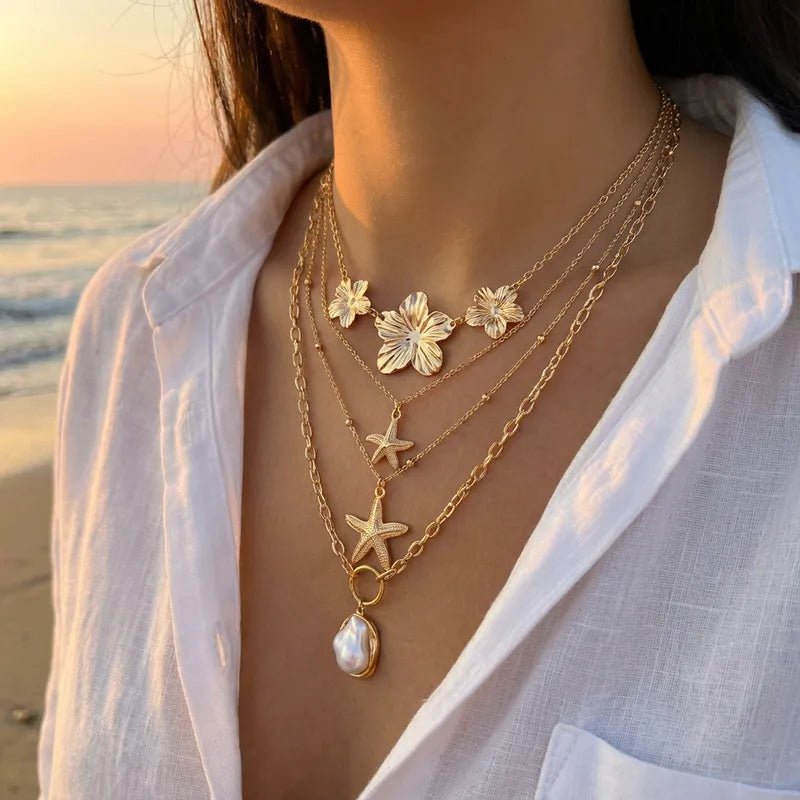 Women's Beach Vacation Floral Starfish Necklace Set 4 - Piece Layered Jewelry Alloy Shell Pendant Casual Zinc Alloy - RYZZ
