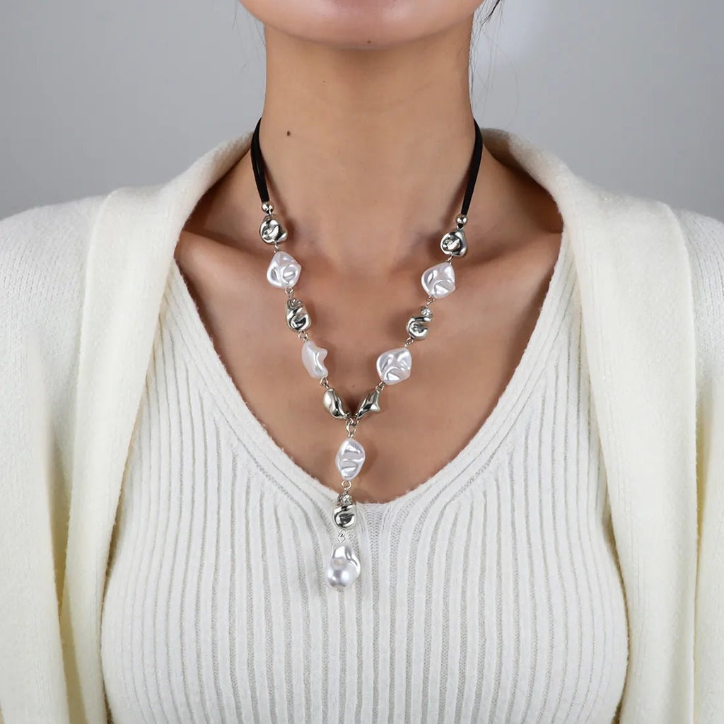 Silver Y - Shaped Necklace Baroque Design Irregular Fashionable Women's Jewelry Elegant Luxury Sweet British Style - RYZZ
