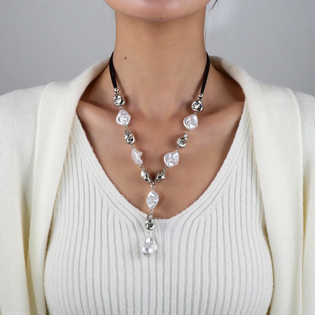 Silver Y - Shaped Necklace Baroque Design Irregular Fashionable Women's Jewelry Elegant Luxury Sweet British Style - RYZZ